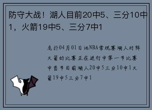 防守大战！湖人目前20中5、三分10中1，火箭19中5、三分7中1